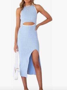 Light Blue Cutout Ribbed Midi Dress